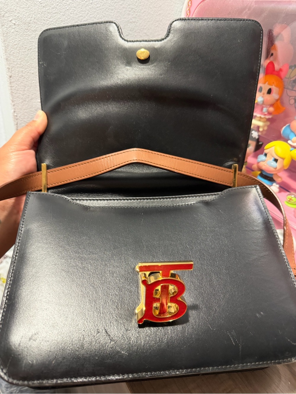Burberry Brown Leather Shoulder Bag with Black Trim and Red TB Monogram - Picture 7 of 13